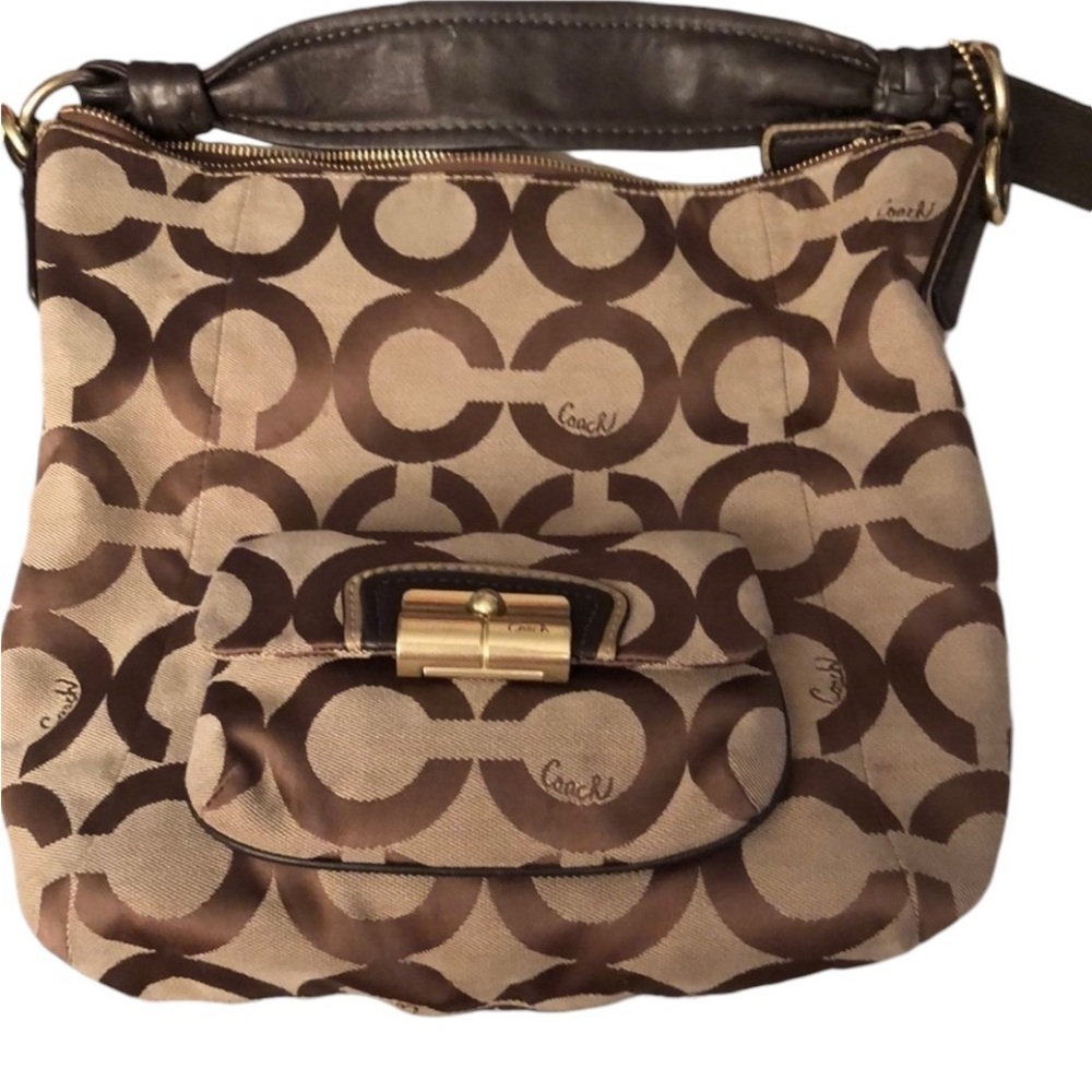 Coach brown & tan monogram canvas & leather bag authentic